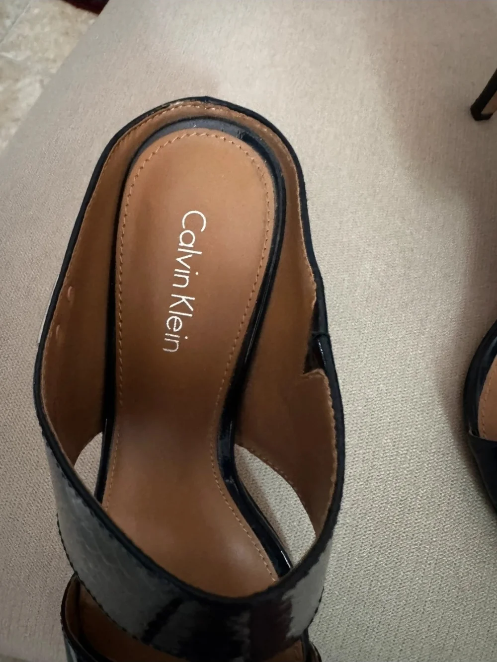 Calvin Klein Black Patent Two-Band Dress Mule Heel